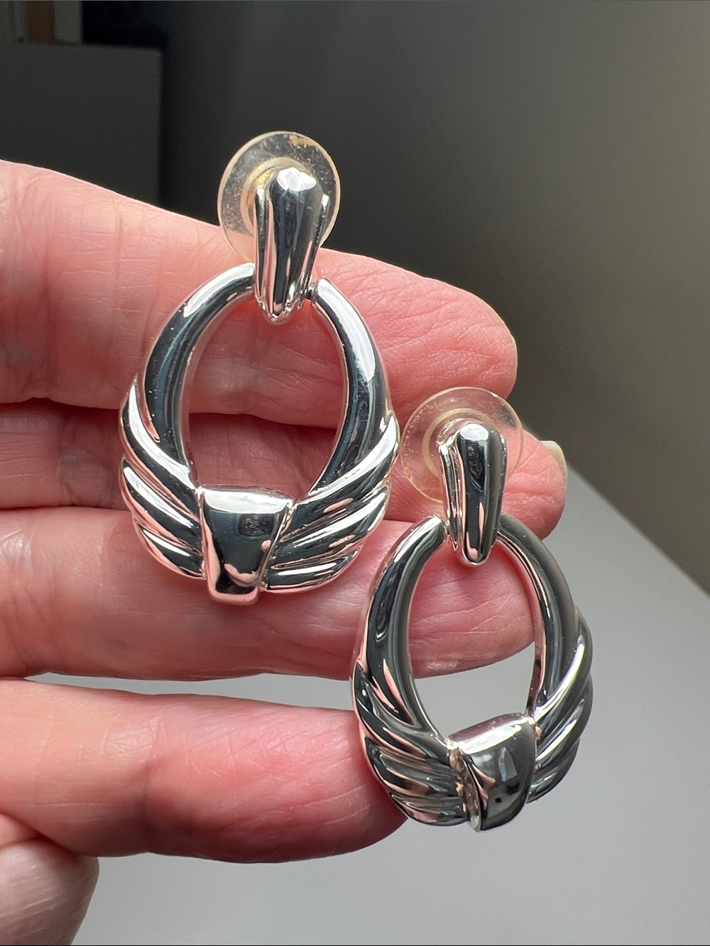 Shiny Silver-Tone Winged Hoop Drop Pierced Earrings - Estate Vintage